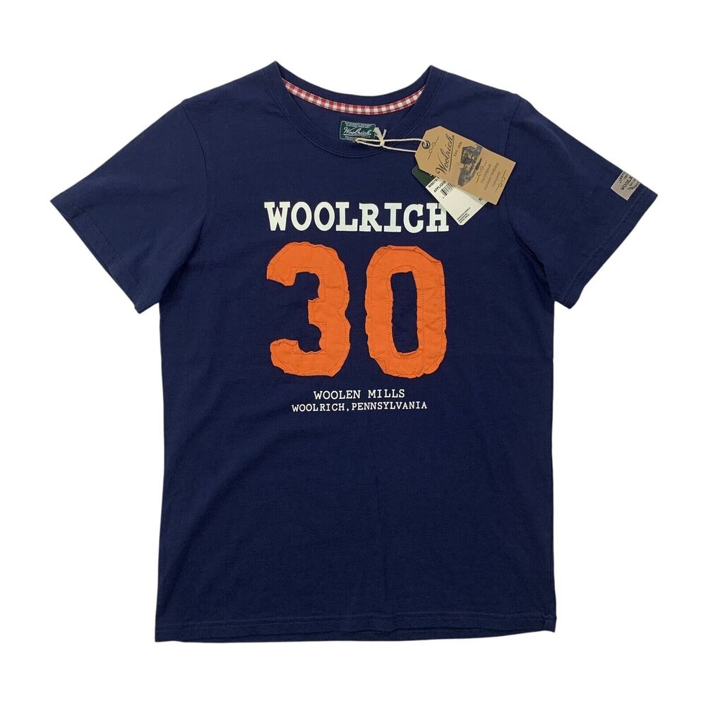 Woolrich‎ T Shirt Boys 14 Navy Orange Applique Graphic Tee Stitched Front Cotton